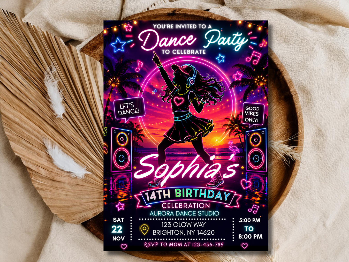 Dance Party Birthday Invitation Editable, Neon Sunset Beach Dance Invite, Aesthetic Girls Party Template