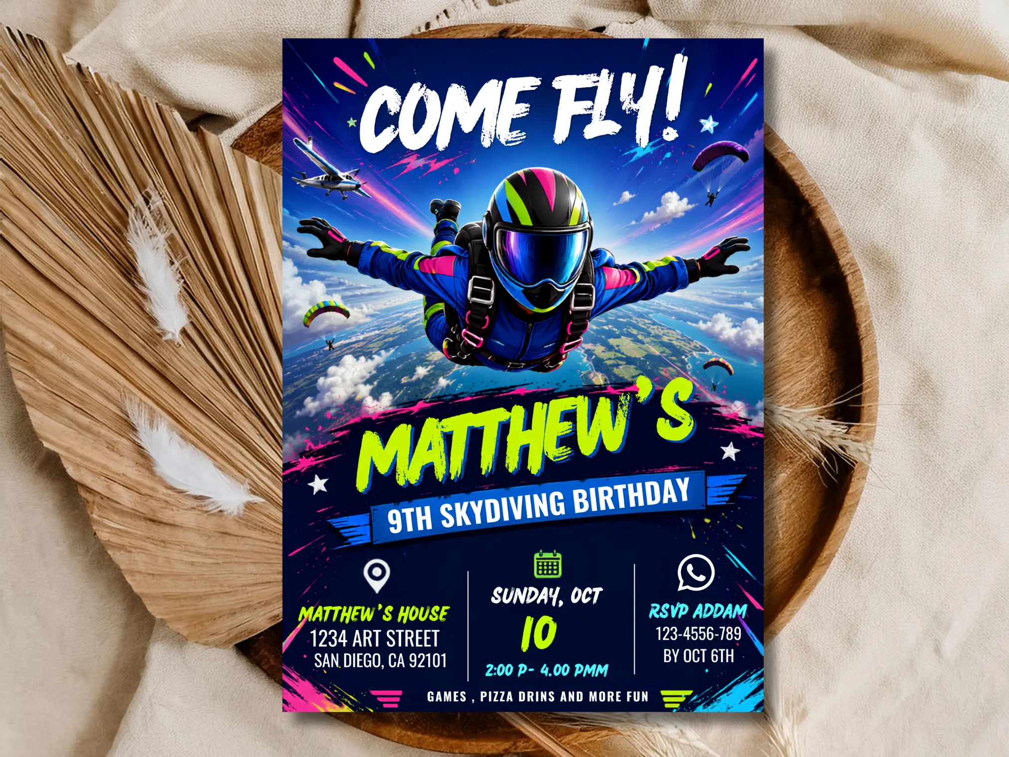 Skydiving Birthday Invitation Editable Template