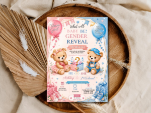 Editable Teddy Bear Gender Reveal Invitation | Baby Reveal Party