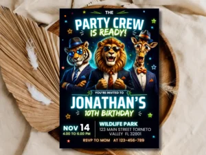 Party Crew Animal Birthday Invitation Editable | Safari Suit Squad Template