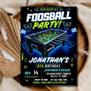 Foosball Party Birthday Invitation Editable | Table Soccer Neon Template