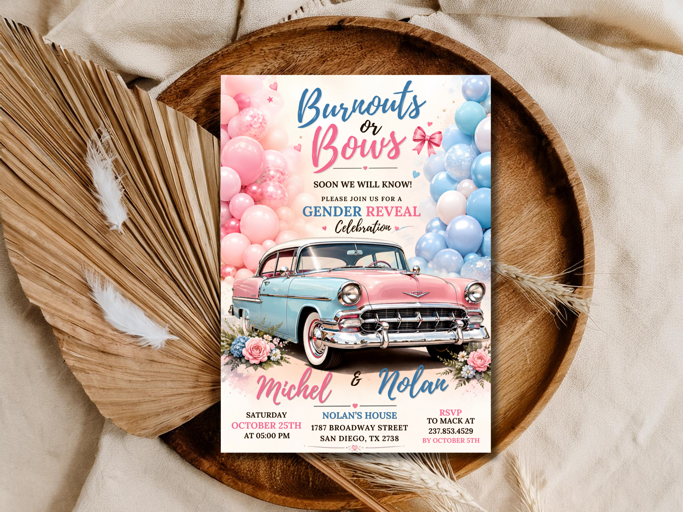 Vintage Classic Car Gender Reveal Invite | Editable Balloons Design | Printable