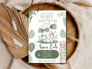 Elephant Baby Shower Invitation Template | Greenery Editable Invite | Baby Blocks Design | Printable Digital Download