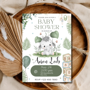 Elephant Baby Shower Invitation Template | Greenery Editable Invite | Baby Blocks Design | Printable Digital Download