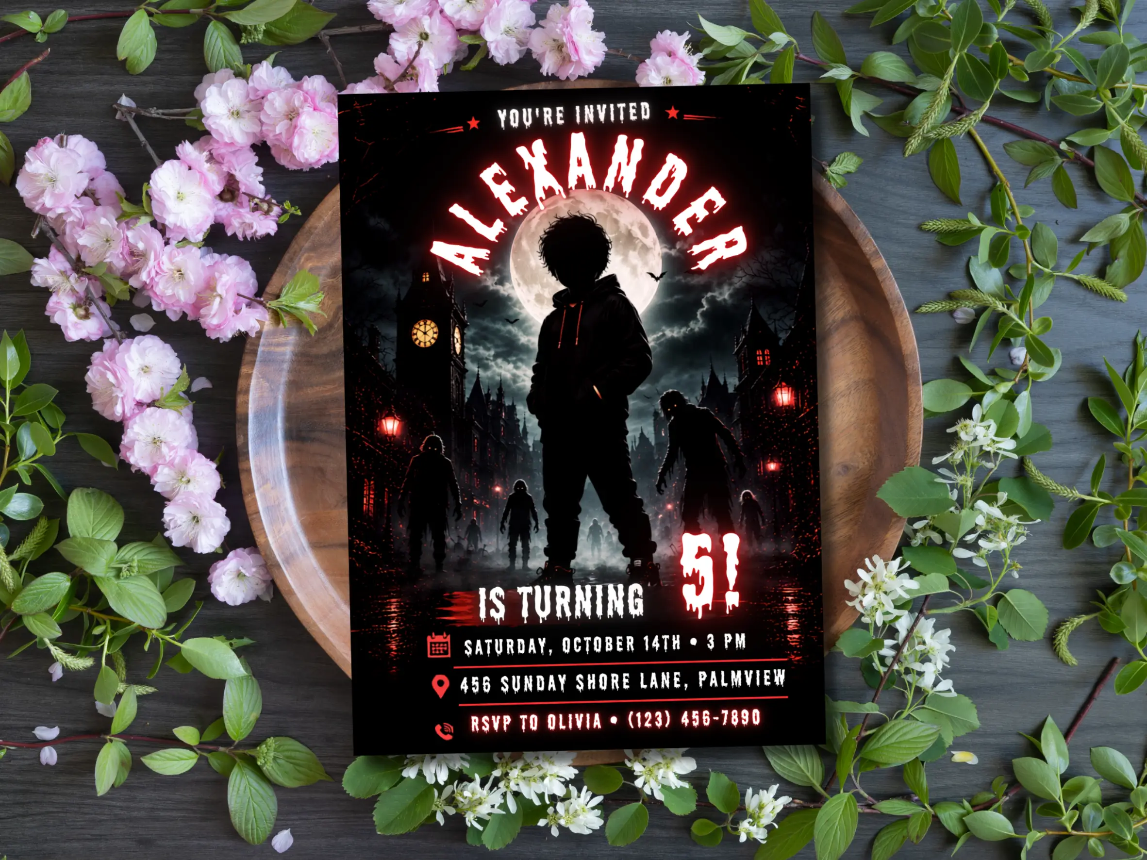 Zombie Halloween Birthday Invitation Editable, Spooky Boy Birthday Invite Template, Full Moon Halloween Party Instant Download - Image 4