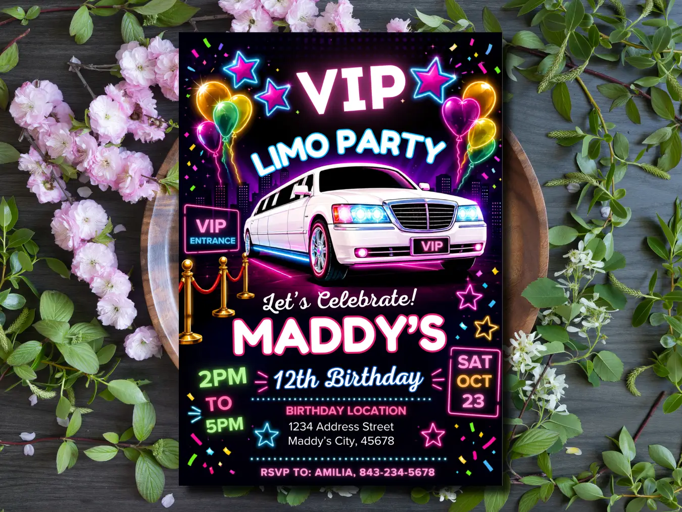 VIP Limo Party Birthday Invitation Editable | Glam Neon Party Template - Image 4
