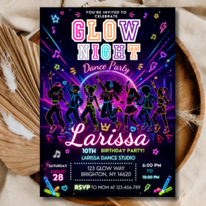 Glow Night Dance Party Birthday Invitation Editable, Neon Group Dance Invite, Kids Teen Birthday Template Canva