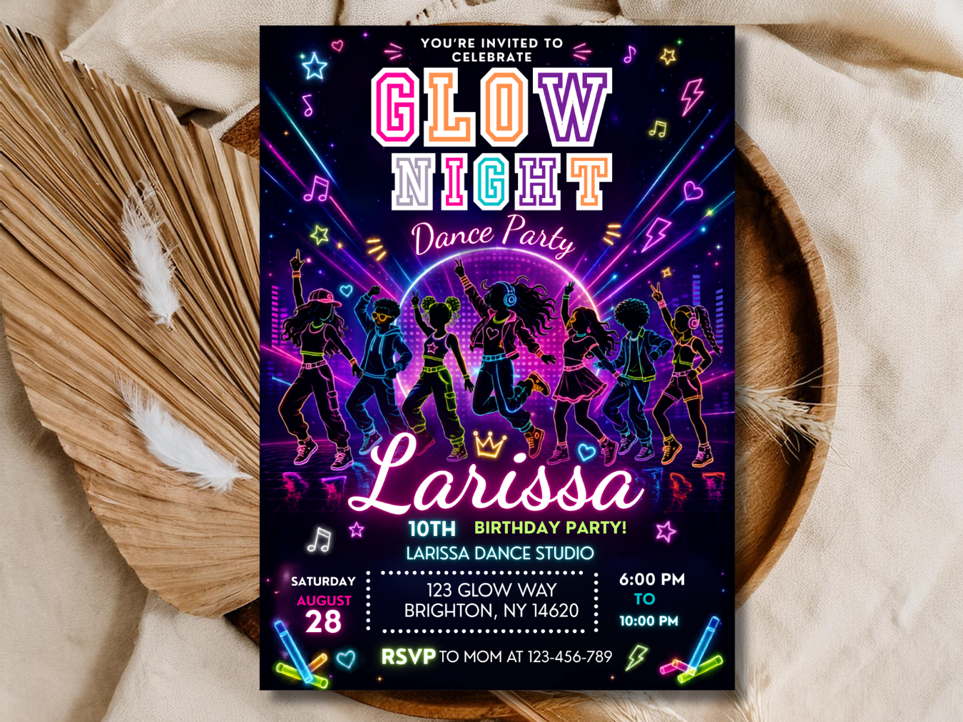 Glow Night Dance Party Birthday Invitation Editable, Neon Group Dance Invite, Kids Teen Birthday Template Canva