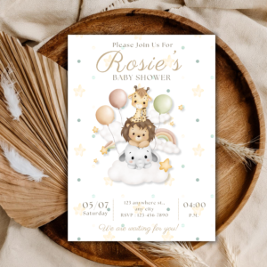 Cute Animal Baby Shower Invitation Cloud Balloons Editable Template Printable Instant Download Digital Party Invite