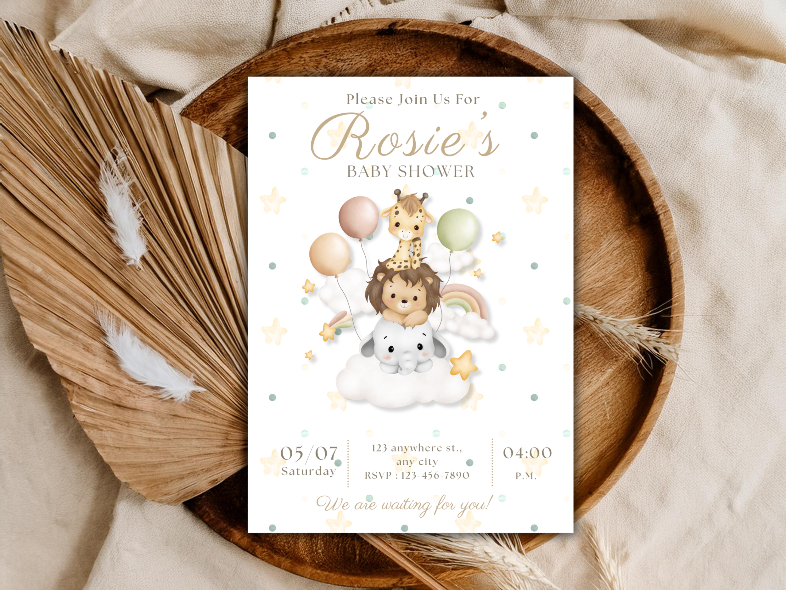 Cute Animal Baby Shower Invitation Cloud Balloons Editable Template Printable Instant Download Digital Party Invite