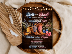 Boots or Bows Gender Reveal Invitation Template | Rustic Western Gender Reveal Invite | Editable Cowboy Cowgirl Design | Printable