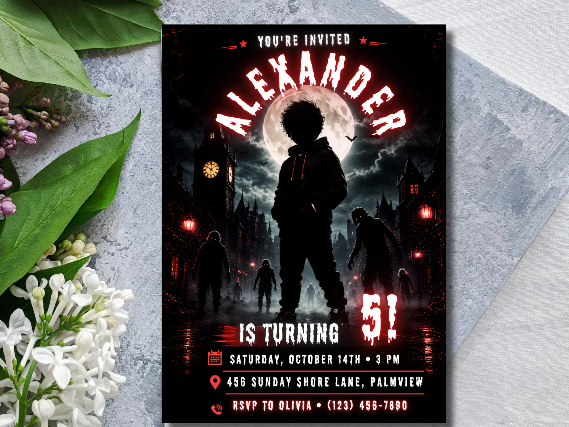 Zombie Halloween Birthday Invitation Editable, Spooky Boy Birthday Invite Template, Full Moon Halloween Party Instant Download - Image 3