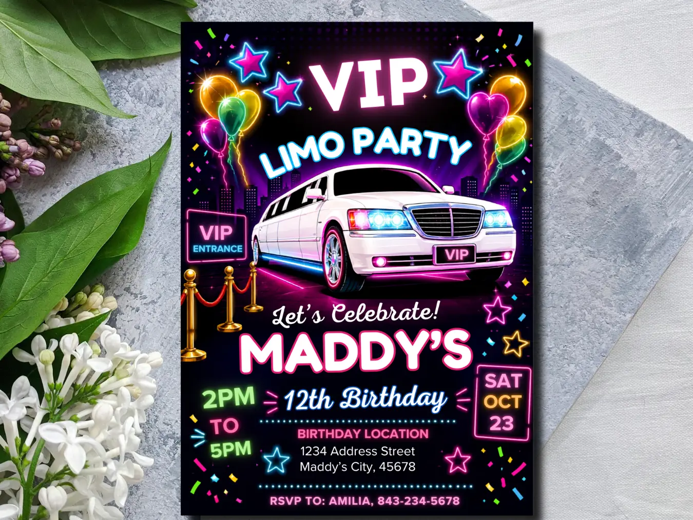 VIP Limo Party Birthday Invitation Editable | Glam Neon Party Template - Image 3