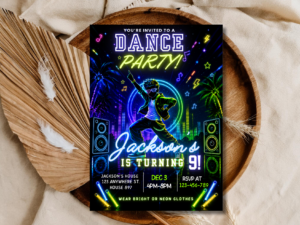 Anime Dance Party Birthday Invitation Editable, Neon Boys Dance Invite