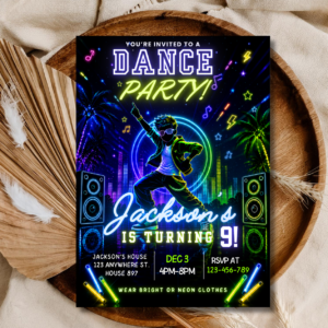 Anime Dance Party Birthday Invitation Editable, Neon Boys Dance Invite