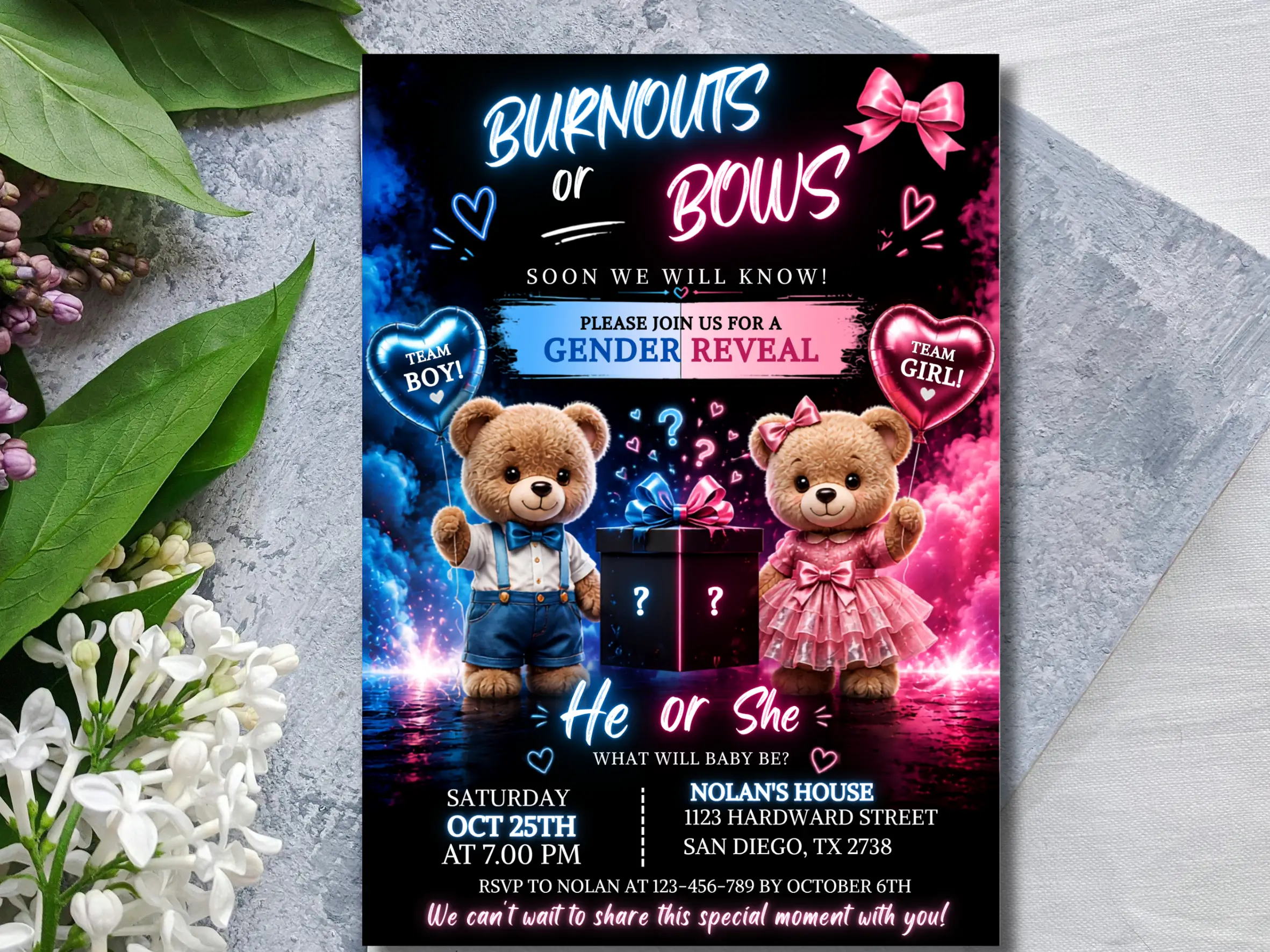 Teddy Bear Gender Reveal Invitation | He or She Editable Template - Image 3