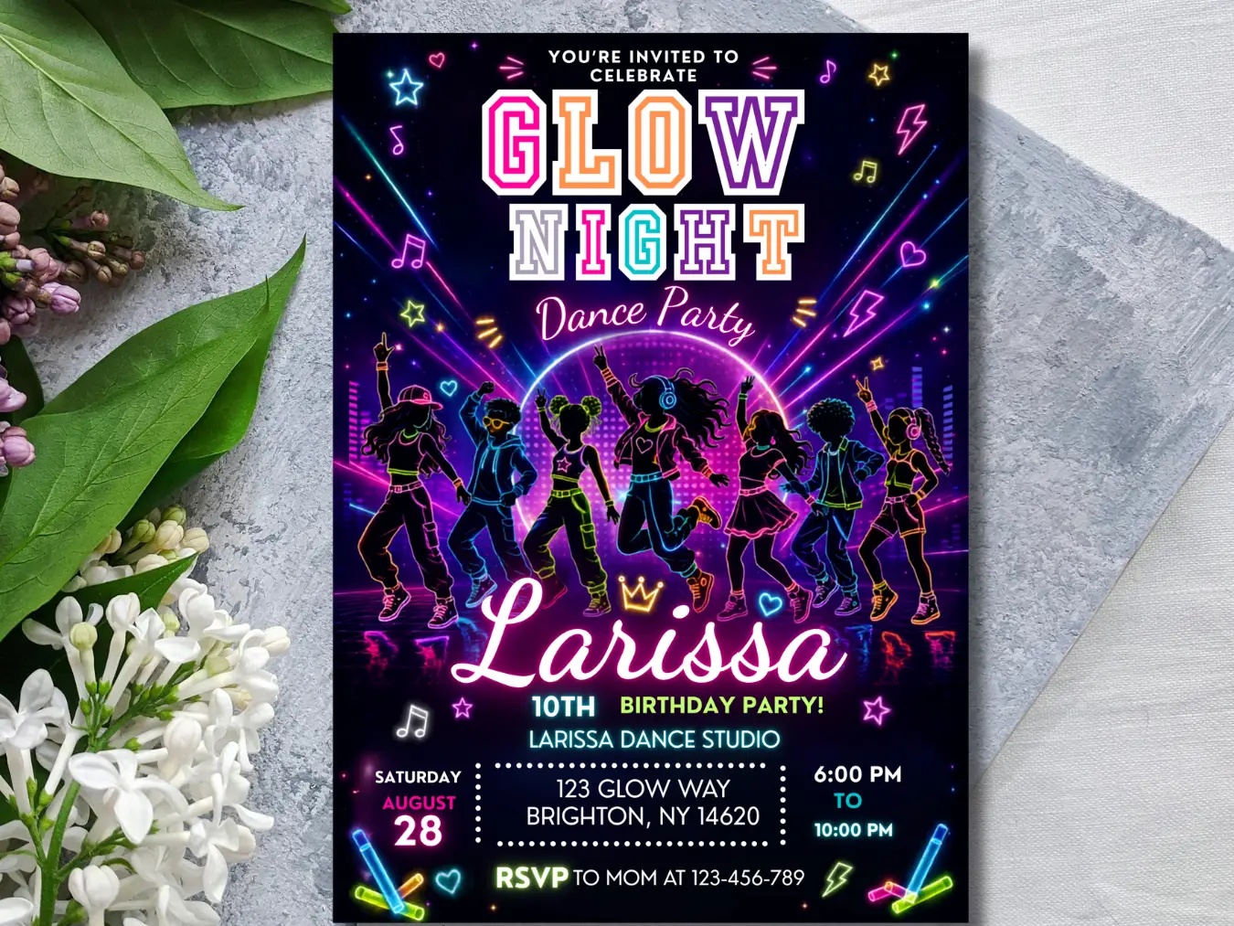 Glow Night Dance Party Birthday Invitation Editable, Neon Group Dance Invite, Kids Teen Birthday Template Canva - Image 3