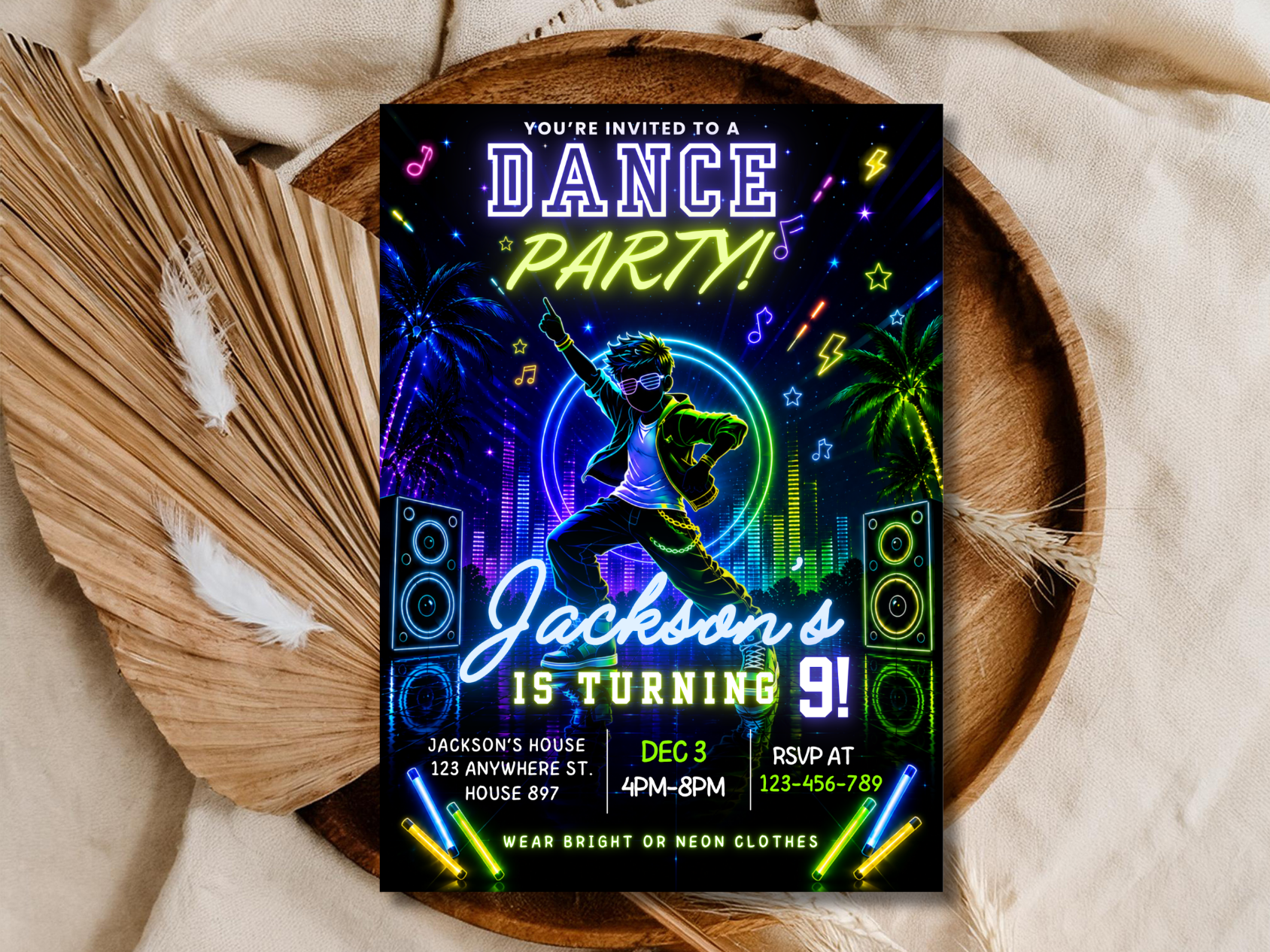 Anime Dance Party Birthday Invitation Editable, Neon Boys Dance Invite