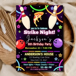 Strike Night Bowling Birthday Invitation - Editable Template