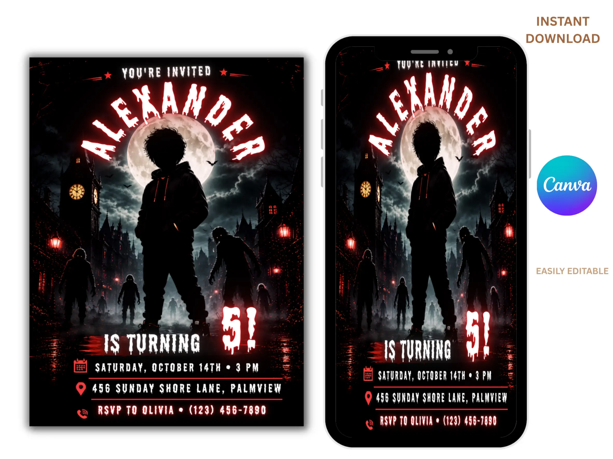 Zombie Halloween Birthday Invitation Editable, Spooky Boy Birthday Invite Template, Full Moon Halloween Party Instant Download - Image 2