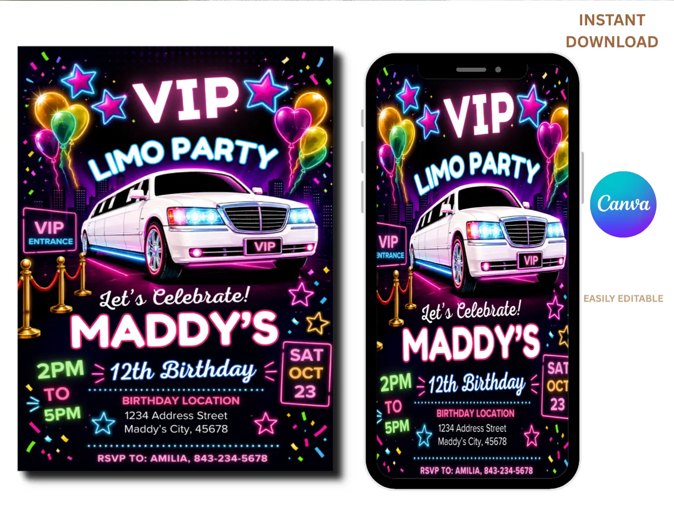 VIP Limo Party Birthday Invitation Editable | Glam Neon Party Template - Image 2