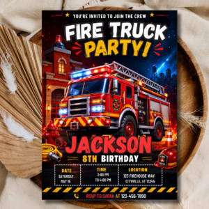 Fire Truck Birthday Invitation - Firefighter Party Editable Template