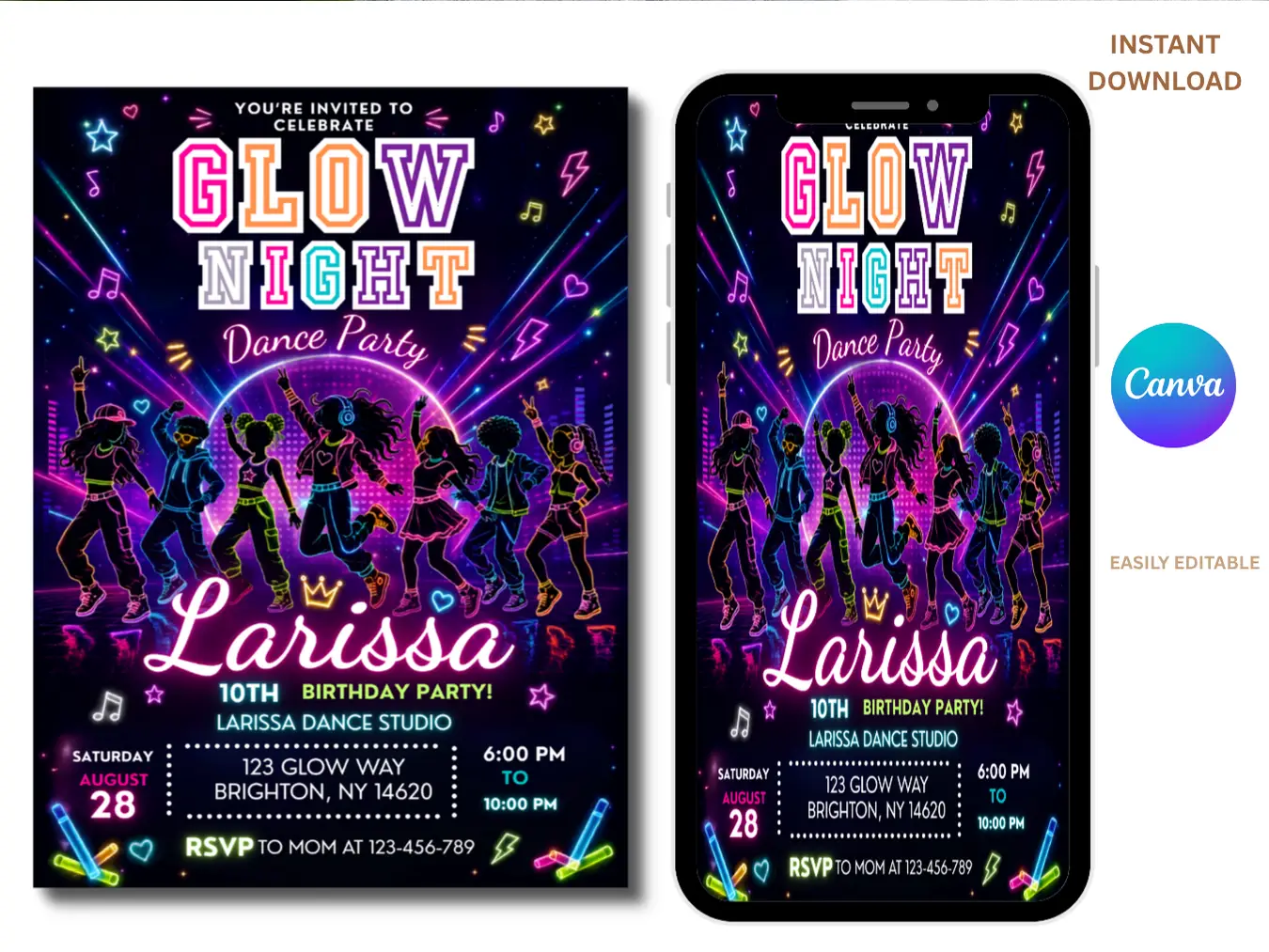 Glow Night Dance Party Birthday Invitation Editable, Neon Group Dance Invite, Kids Teen Birthday Template Canva - Image 2