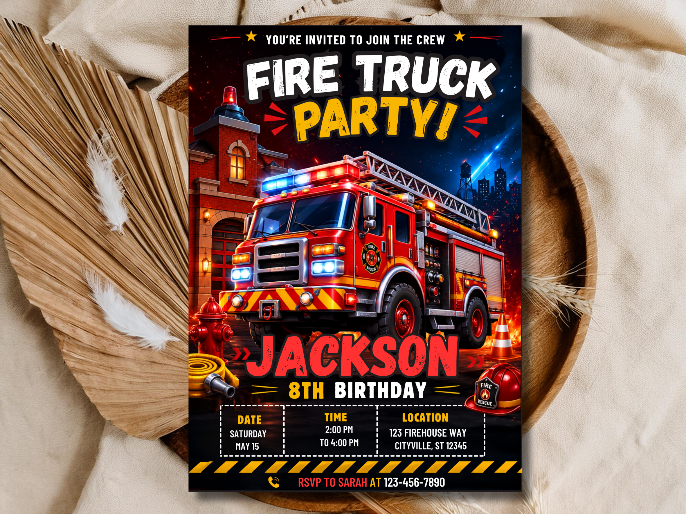 Fire Truck Birthday Invitation - Firefighter Party Editable Template