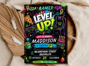 Level Up Birthday Invitation Editable, Gaming Party Invite Neon, Arcade Game Zone Template, Kids Birthday Invitation Canva
