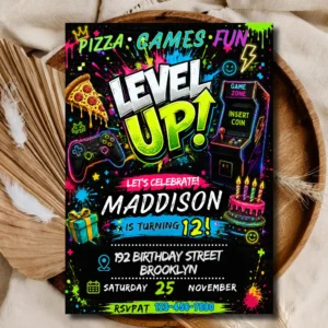 Level Up Birthday Invitation Editable, Gaming Party Invite Neon, Arcade Game Zone Template, Kids Birthday Invitation Canva