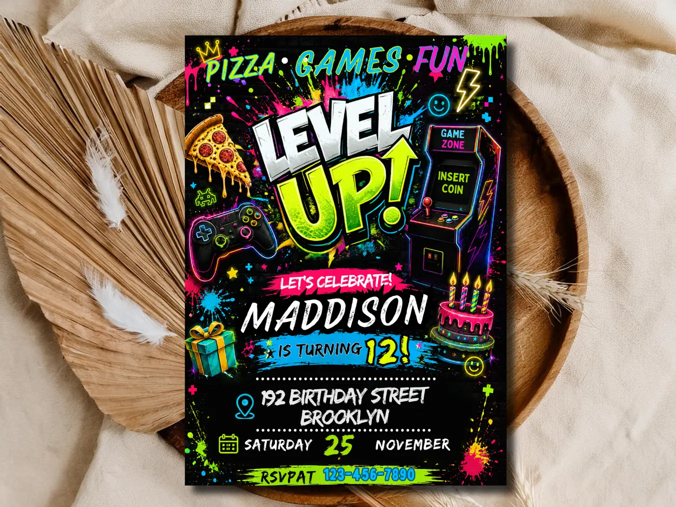 Level Up Birthday Invitation Editable, Gaming Party Invite Neon, Arcade Game Zone Template, Kids Birthday Invitation Canva
