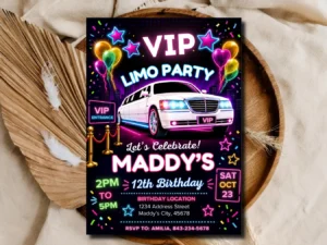 VIP Limo Party Birthday Invitation Editable | Glam Neon Party Template