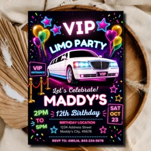 VIP Limo Party Birthday Invitation Editable | Glam Neon Party Template