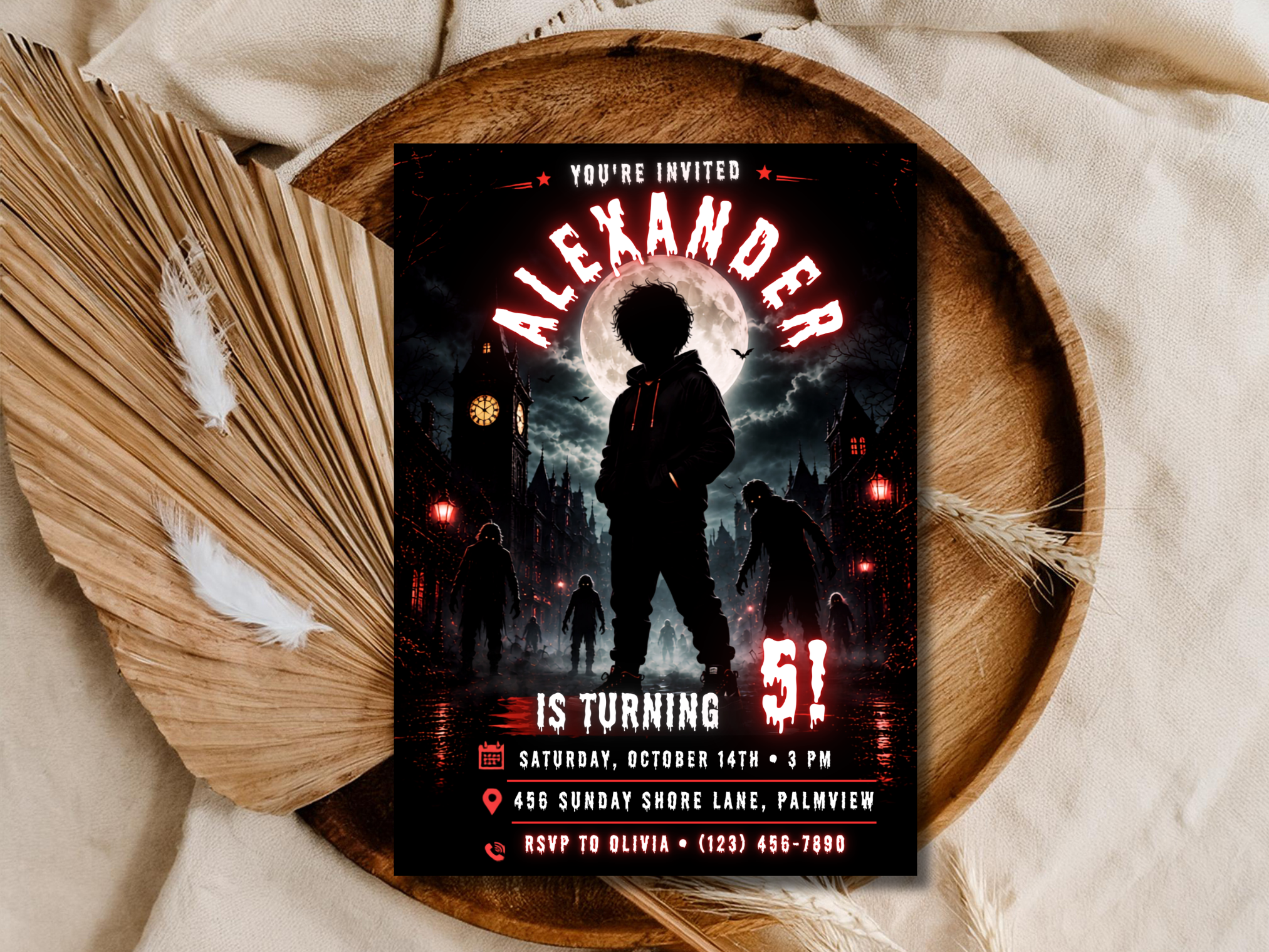 Zombie Halloween Birthday Invitation Editable, Spooky Boy Birthday Invite Template, Full Moon Halloween Party Instant Download