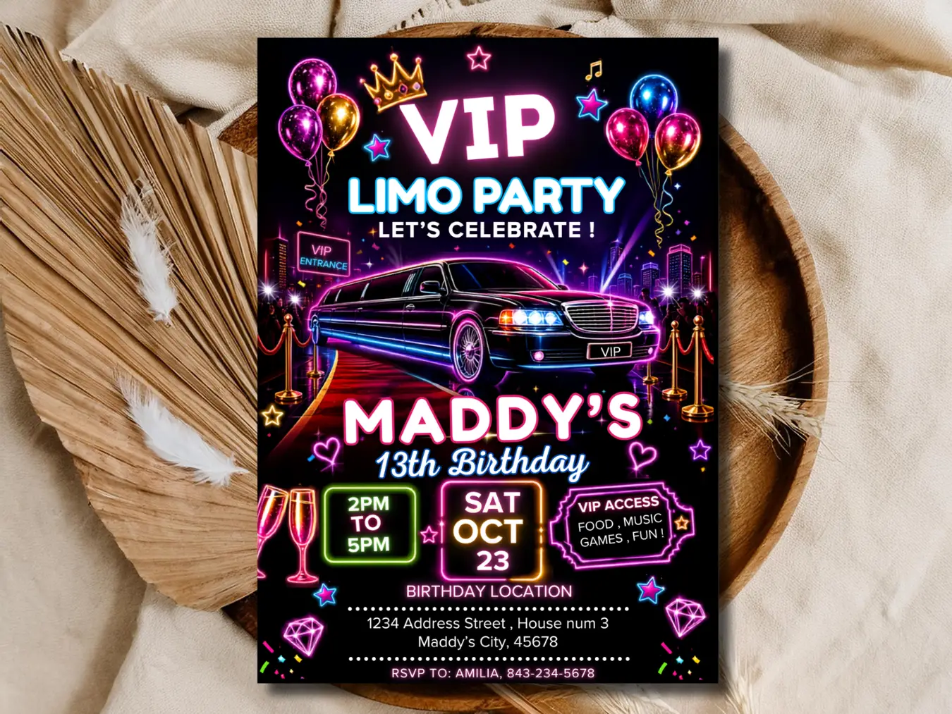VIP Limo Party Birthday Invitation - Red Carpet Glam Editable Template