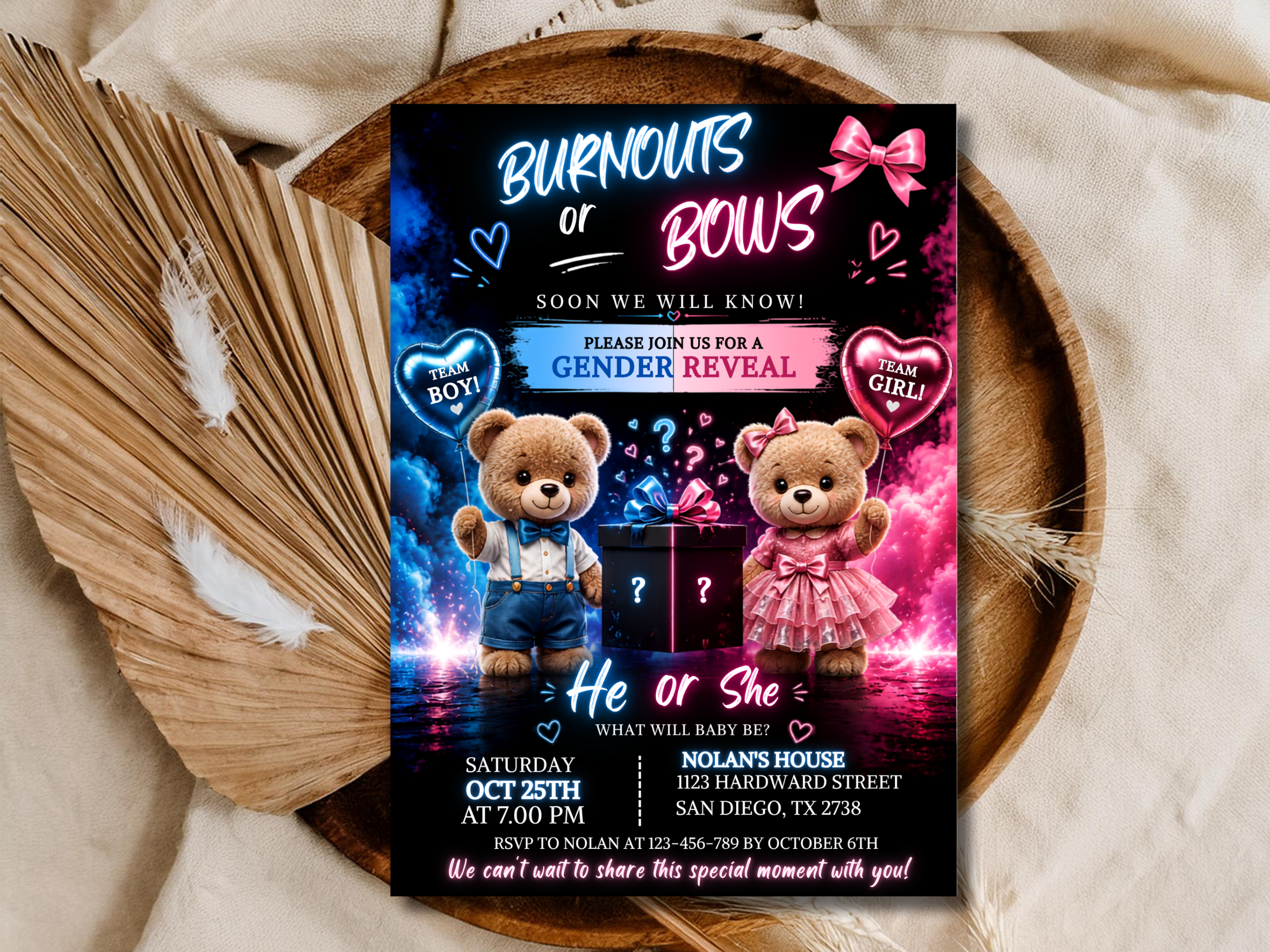 Teddy Bear Gender Reveal Invitation | He or She Editable Template