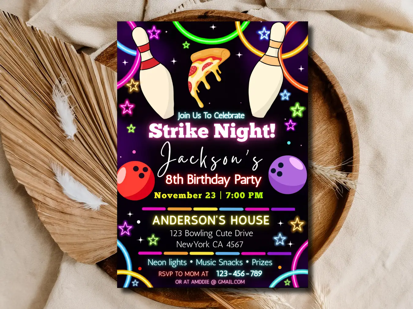 Strike Night Bowling Birthday Invitation - Editable Template