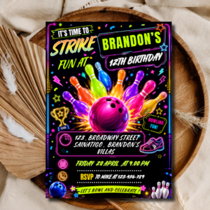 Neon Bowling Birthday Invitation Editable | It's Time to Strike Party Template