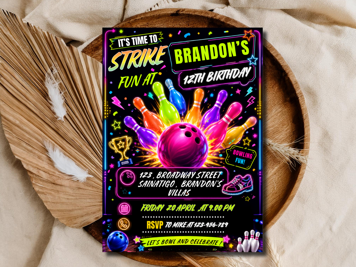Neon Bowling Birthday Invitation Editable | It's Time to Strike Party Template