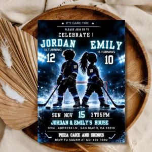 Joint Sibling Hockey Birthday Invitation Template | Sports Theme Editable Invite | Printable Digital Download