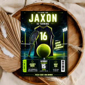 Tennis Birthday Invitation Template | Neon Jersey Sports Theme Editable Invite | Ticket Style Design | Printable Digital Download