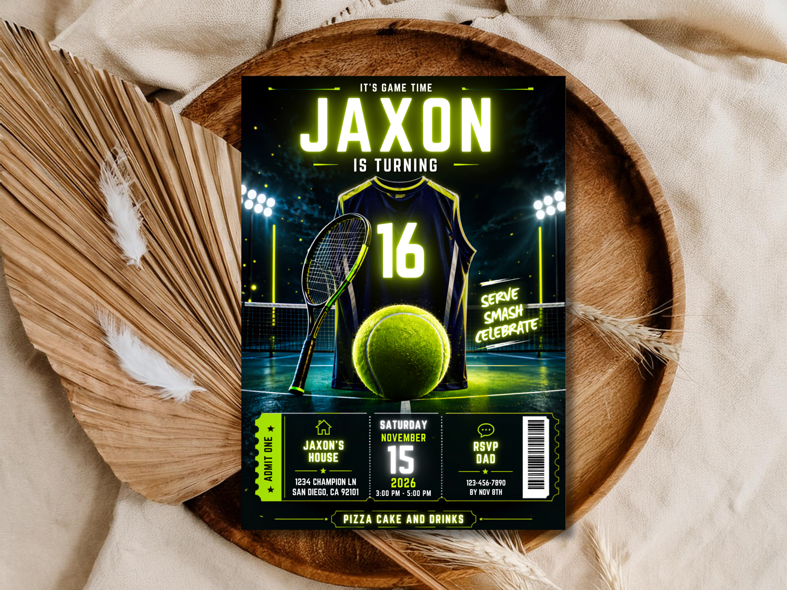 Tennis Birthday Invitation Template | Neon Jersey Sports Theme Editable Invite | Ticket Style Design | Printable Digital Download