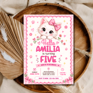 Kitten Birthday Invitation Template | Pink Cat Theme Editable Invite | Girl Birthday Design | Printable Digital Download