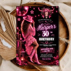 Glam Western Birthday Invitation Template | Neon Pink Cowgirl 30th Editable Invite | Disco Ranch Design | Printable Digital Download