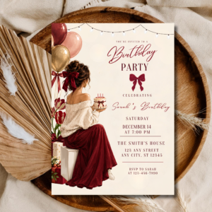Elegant Birthday Invitation Template | Burgundy Rose Gold Editable Invite | Chic Woman Design | Printable Digital