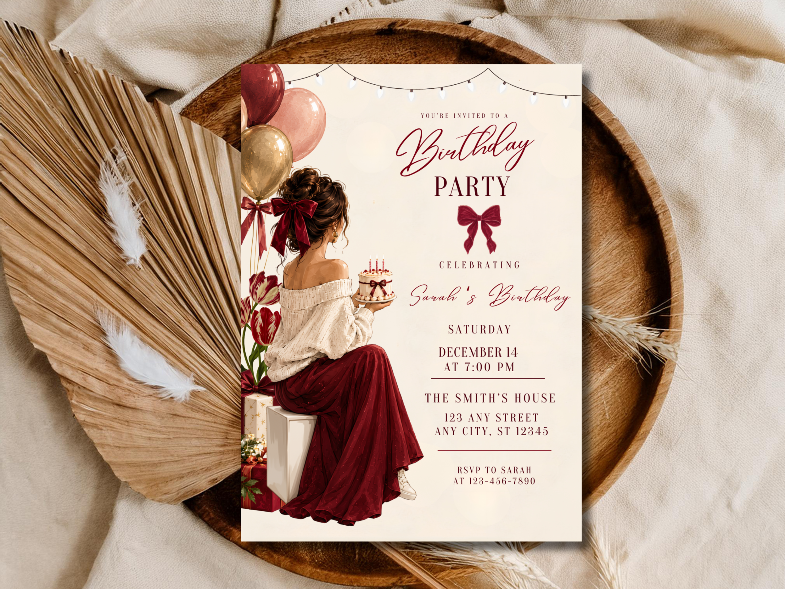 Elegant Birthday Invitation Template | Burgundy Rose Gold Editable Invite | Chic Woman Design | Printable Digital