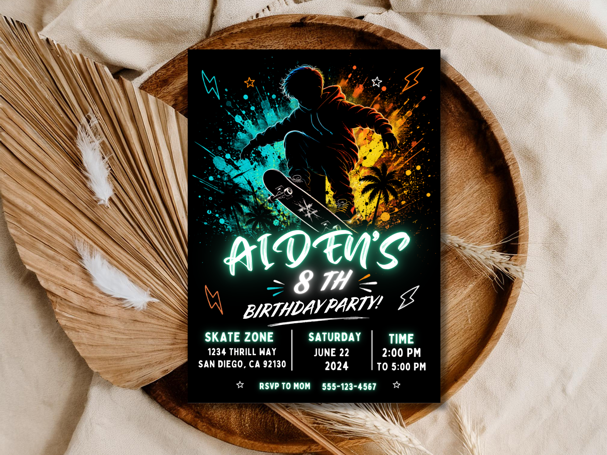 Skateboard Birthday Invitation Template | Neon Skate Party Editable Invite | Boy Birthday Design | Printable Digital Download