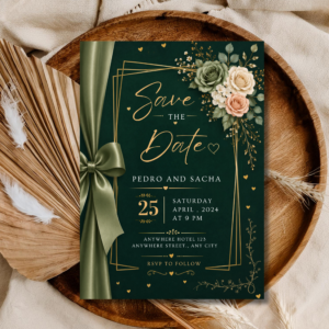 Save the Date Wedding Invitation Template | Emerald Green Gold Floral Editable Invite | Elegant Geometric Frame Design | Printable Digital