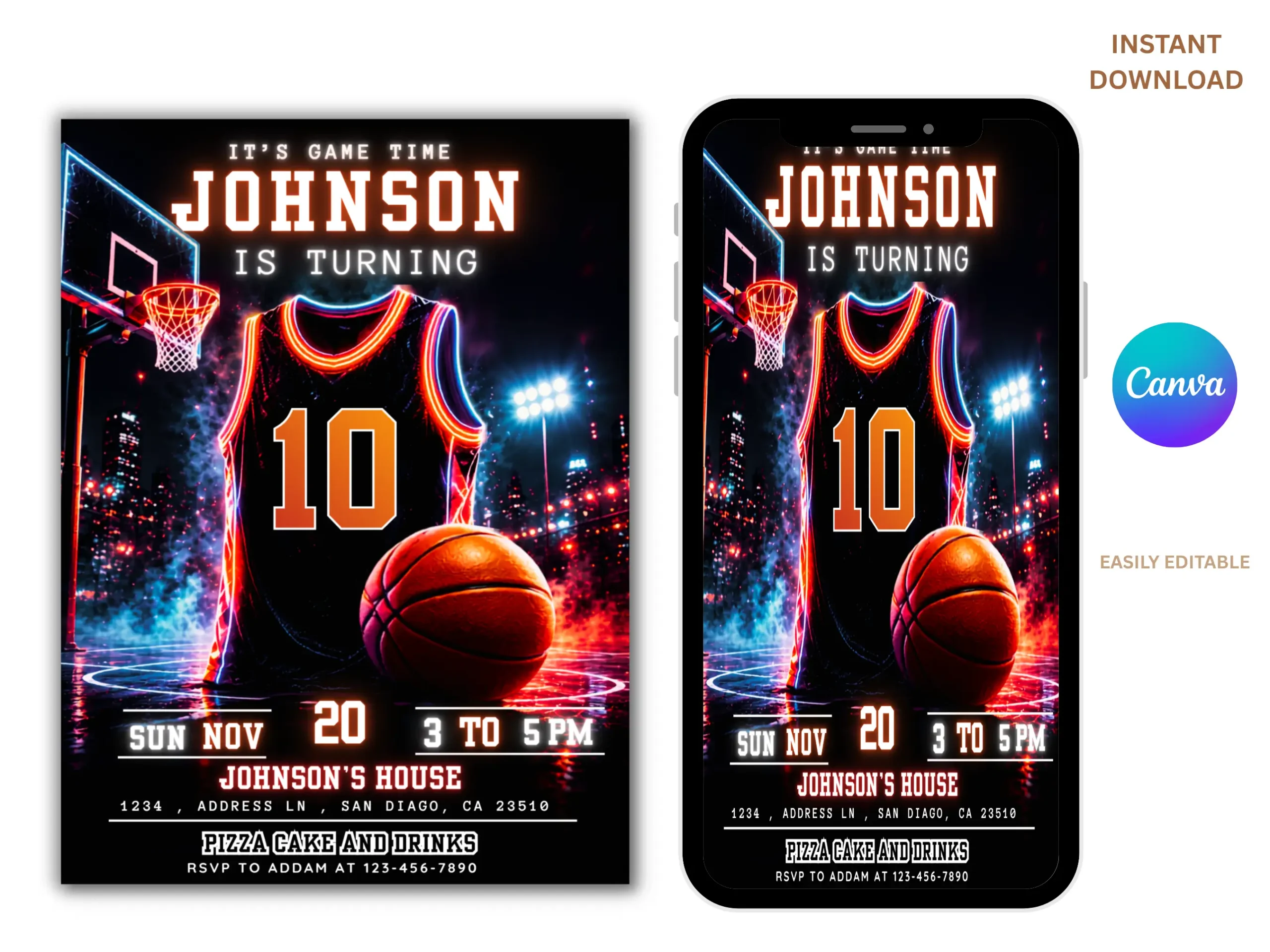 Basketball Birthday Invitation Template | Neon Jersey Sports Theme Editable Invite | Boy Birthday Design | Printable Digital Download - Image 2