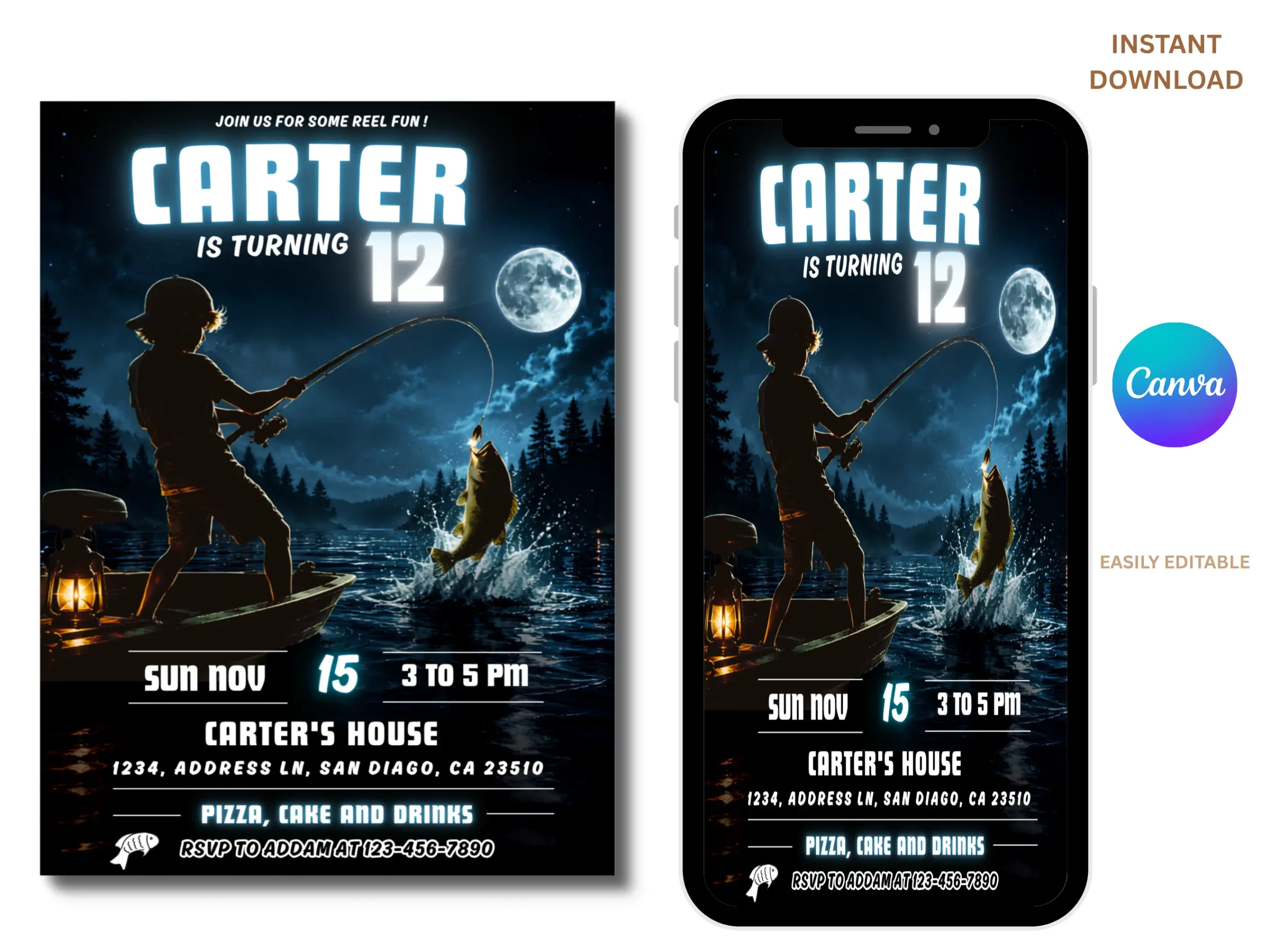 Fishing Birthday Invitation Template | Night Lake Outdoor Theme Editable Invite | Boy Birthday Design | Printable Digital Download - Image 2